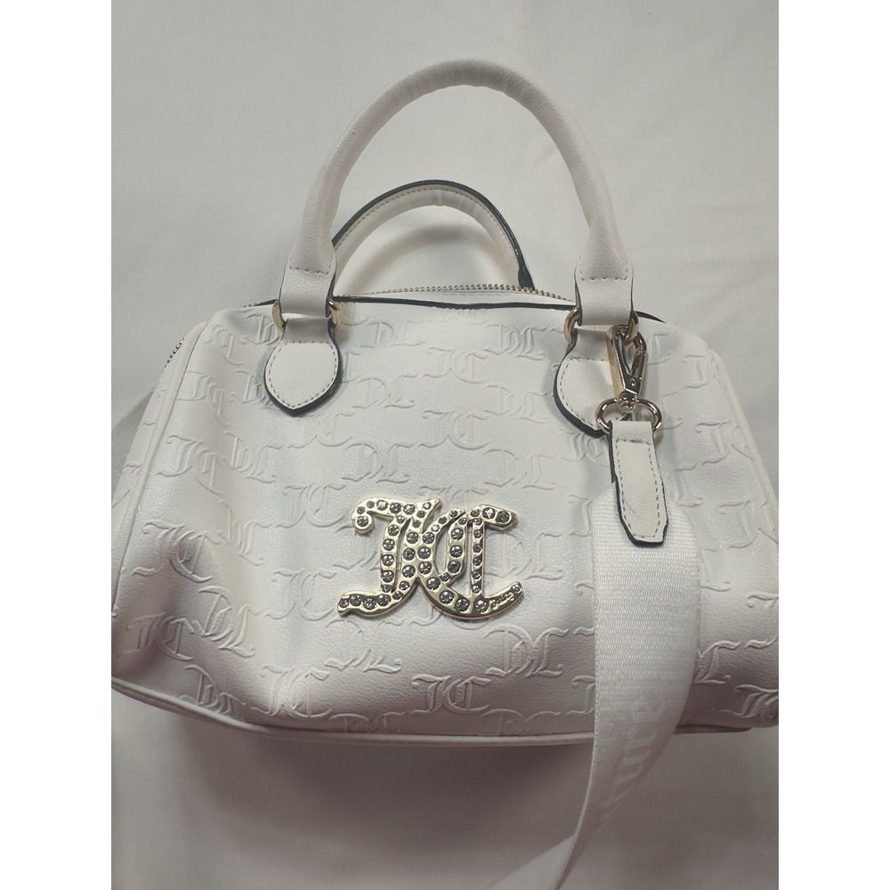 Juicy Couture Satchel Handbag White Embossed Logo Rhinestone Charm Bag